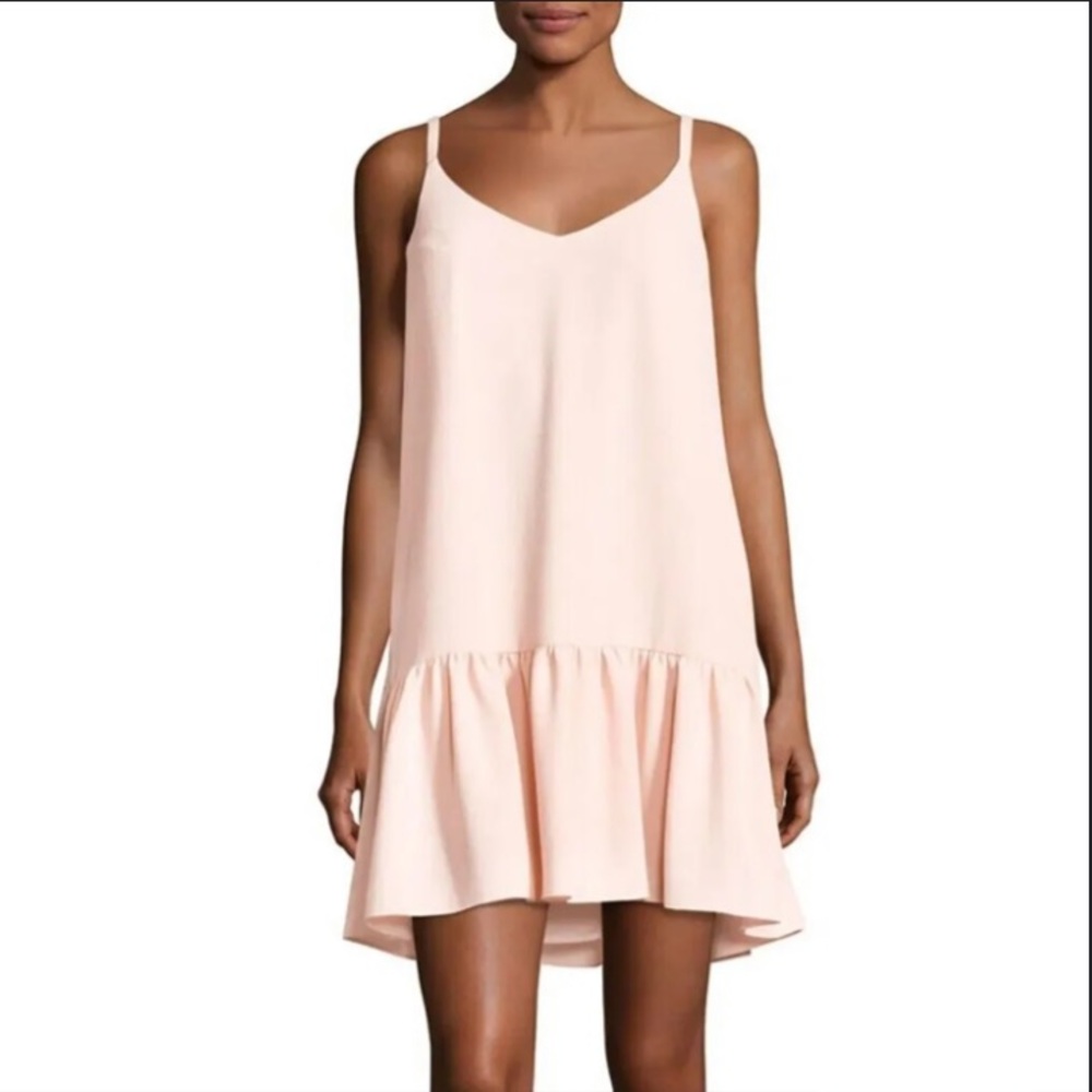 Trina Turk Crepe Drop Waist Flounce Dress Ruffle Pockets V-Neck Peach Pink 4